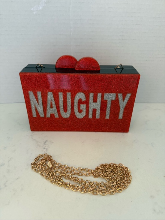 None Handbags - Red Glitter 'NAUGHTY' and “NICE” Acrylic Clutch with Gold Chain